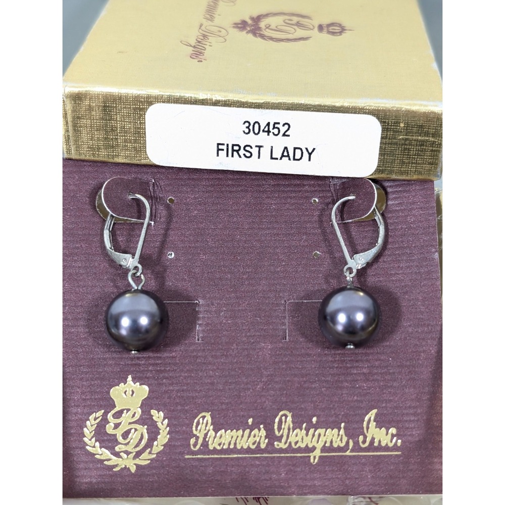 Premier Designs First Lady Earrings Purple Faux Pearl Drop Leverback Earrings‎